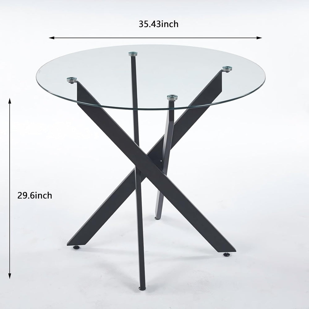35.4" Round Glass Dining Table with Cross Metal Legs, Modern Small Kitch...