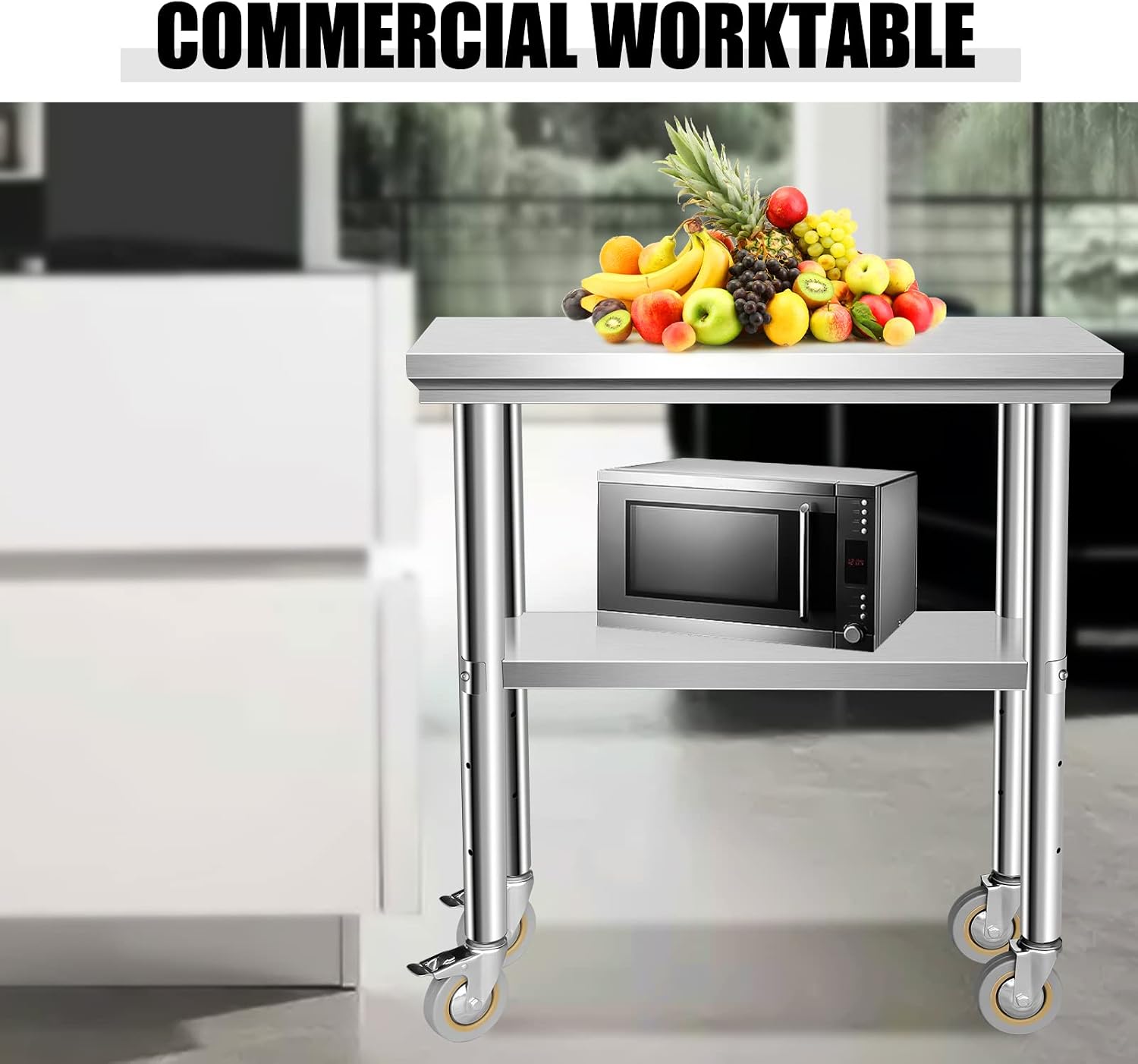 Stainless Steel Table for Prep & Work 30 x 12 Inches with Caster Wheels, NSF Commercial Heavy Duty Table with Undershelf and Galvanized Legs for Garage Restaurant Home and Hotel