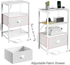 Sthmec Nightstands Set of 2, LED Bedside Tables with Charging Station and Fabric Drawer, Night Stand with Storage, 3 Tier Side Table with Open Shelf, LED Nightstand with Charging Station, White