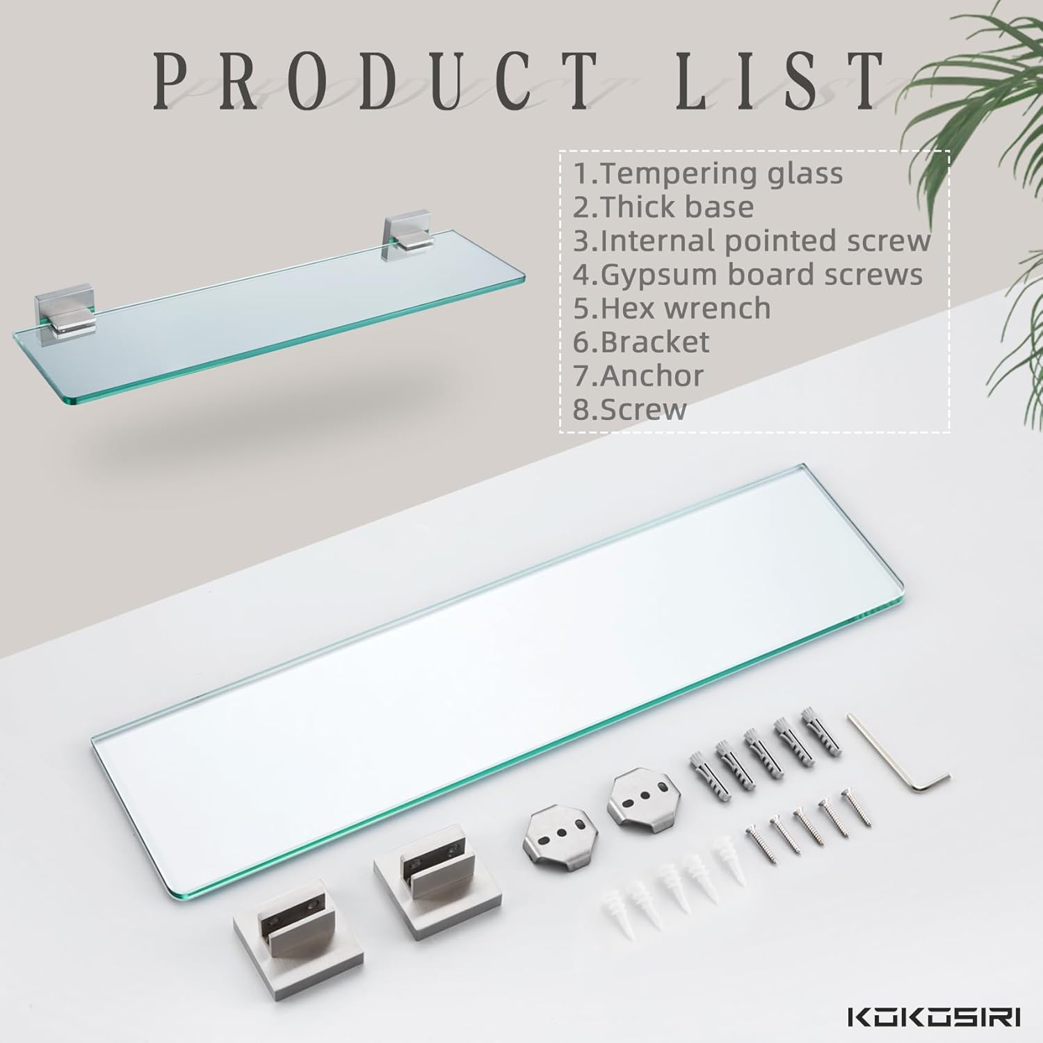 KOKOSIRI Wall Shelves Floating Bathroom Glass Shelf for Kitchen Storage, 20'' x 5.6'' Tempered Glass Wall Mounted Brushed Stainless Steel B1106BR-L20