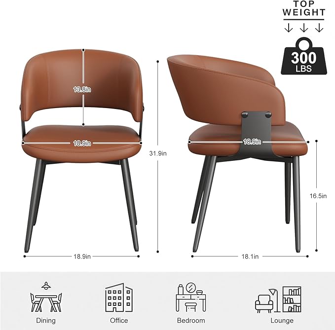 Modern Dining Chairs Set of 4, Faux Leather Upholstered Kitchen Chairs with Curved Back and Metal Legs, Mid Century Chairs for Dining Room, Breakfast Nook, or Café (Brown)