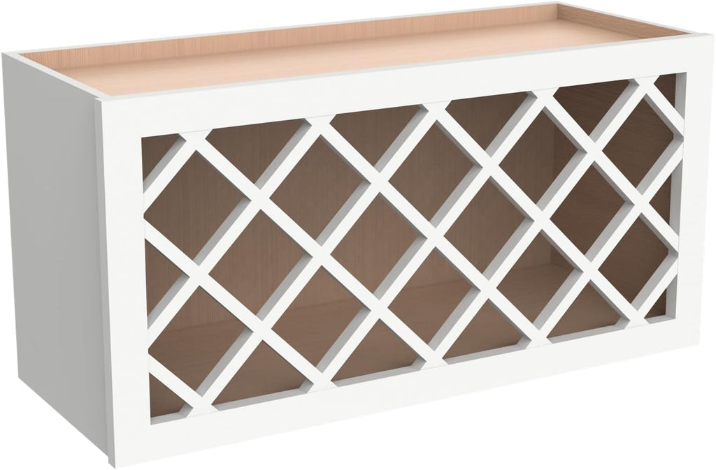 Solid Wood RTA Wall Cabinet Wine Bottle Rack with Lattice Panels - Wine Storage for Bar, Pantry, Cellar & Countertop - Mocha (Origami White, 36'W 12'D 15'H)