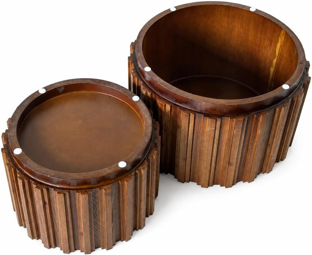 SSLine Fluted Round Nesting Coffee Table Set of 2, Mid-Century Wooden Drum Co...