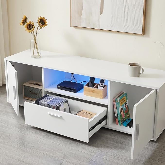 White TV Stand with 16-Color LED Lights, Single Drawer & Double Door Media Console, Supports up to 55 Inch TV & 200 lbs, Modern Entertainment Center