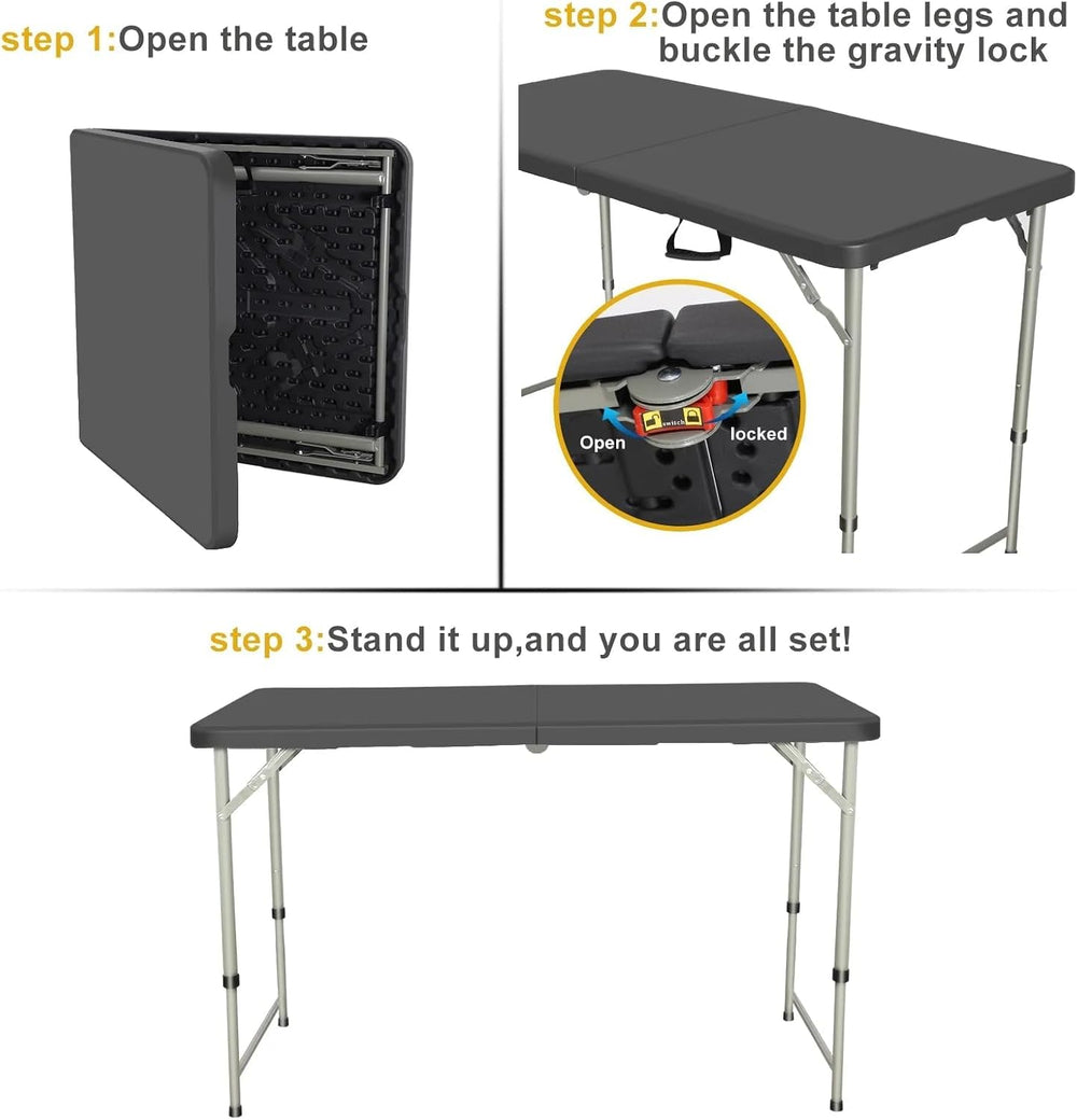 4FT Folding Table Heavy Duty 350 LBS, 3 Adjustable Heights Fold-in-Half Porta...