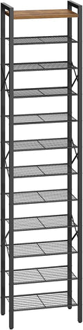 12-Tier Narrow Shoe Rack, Tall Shoe Rack for 12-24 Pairs, Slim Shoe Storage Organizer with Wooden Top, Space Saving, Metal Frame, for Entryway, Rustic Brown and Black SS61BR