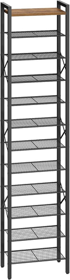 12-Tier Narrow Shoe Rack, Tall Shoe Rack for 12-24 Pairs, Slim Shoe Storage Organizer with Wooden Top, Space Saving, Metal Frame, for Entryway, Rustic Brown and Black SS61BR