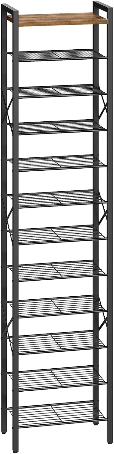 12-Tier Narrow Shoe Rack, Tall Shoe Rack for 12-24 Pairs, Slim Shoe Storage Organizer with Wooden Top, Space Saving, Metal Frame, for Entryway, Rustic Brown and Black SS61BR