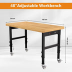 48" Solid Wood Work Bench, Adjustable Height Workbench with Wheels, Heavy-Duty Work Table with Power Outlets, 2000 LBS Capacity Workstation for Garage, Workshop