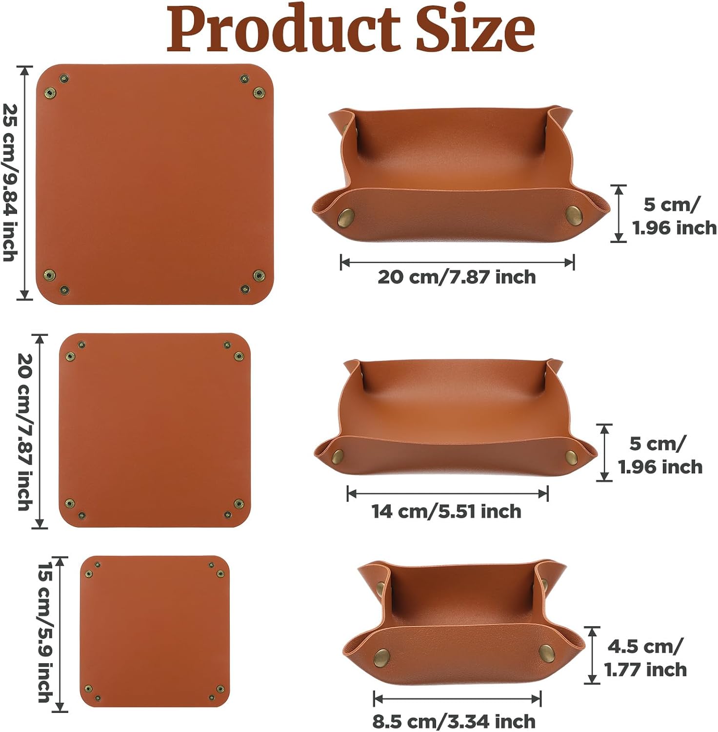 12pcs Leather Jewelry Tray for Keys and Wallet, Folding PU Leather Tray Organizer for Travel, Home or Office, Set in 3 Sizes and 4 Colors- Beige/Yellow/Brown/Black