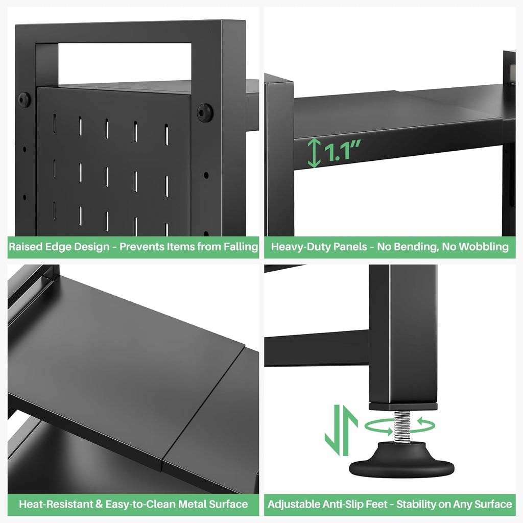 Microwave Stand, 3-Tier Expandable(17.4"- 27.4") Heavy Duty Adjustable Shelf Microwave Oven Rack, Kitchen Countertop Organizer and Storage with 9 Hooks & Cutting Board Holder, Holds up 180 lbs, Black