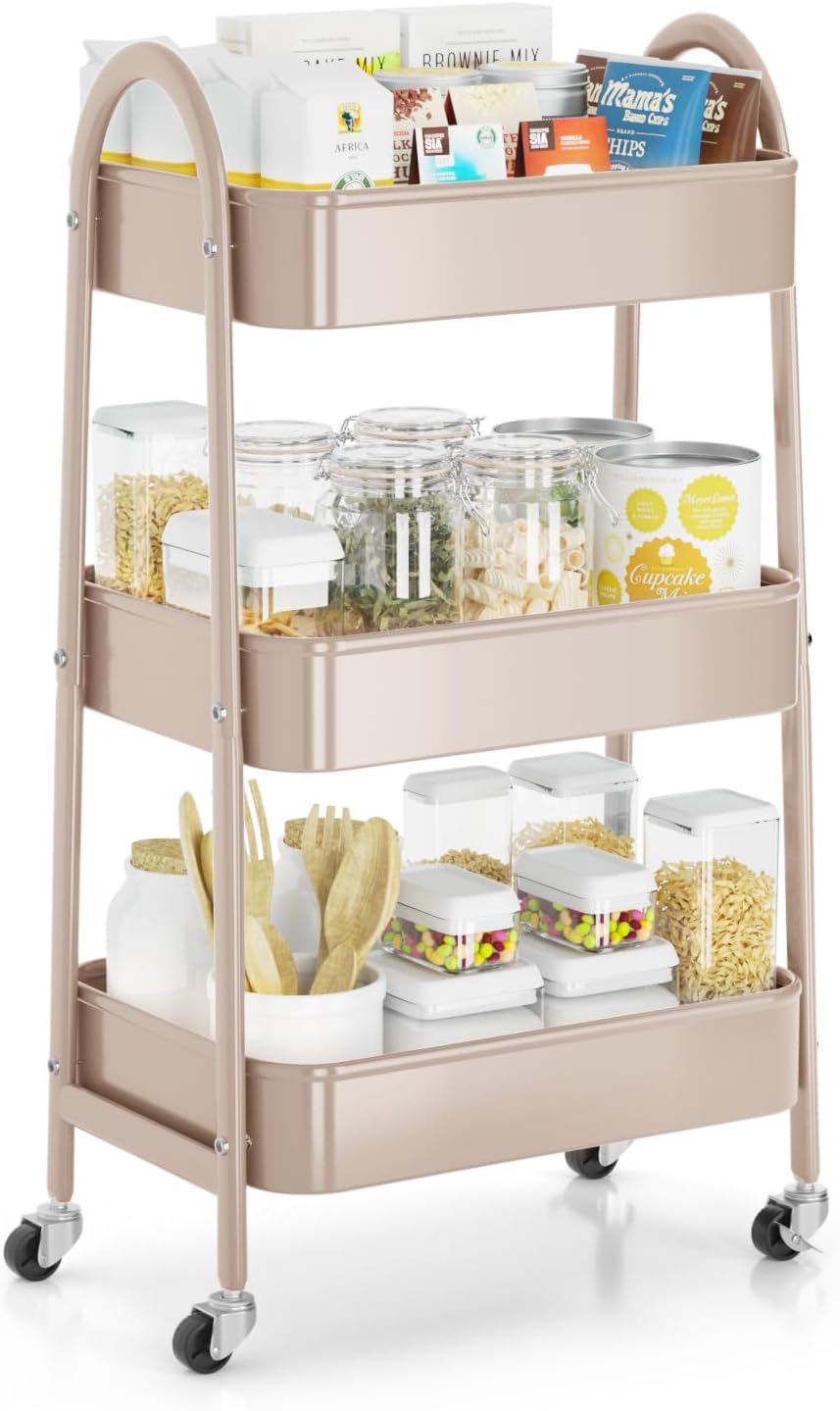 EAGMAK 3 Tier Rolling Cart, Large Metal Storage Cart with Handle and Lockable Wheels, Big Multifunctional Storage Organizer Trolley with Mesh Baskets for Kitchen, Living Room, Office, Garage (Beige)