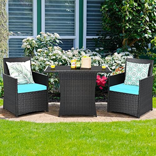 Tangkula 3 Pieces Patio Dining Set, Space-Saving PE Rattan Bistro Set with Te...