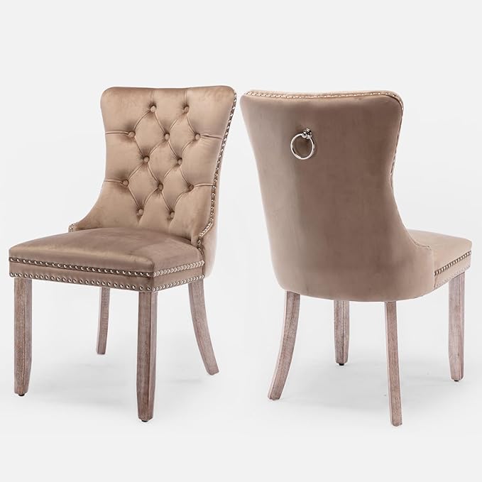 Velvet Upholstered Dining Chairs Set of 2, Modern Style Kitchen Side Chairs with Nailhead Trim and Wood Legs,Metal Pulling Ring for Dining Room Living Room(Khaki)