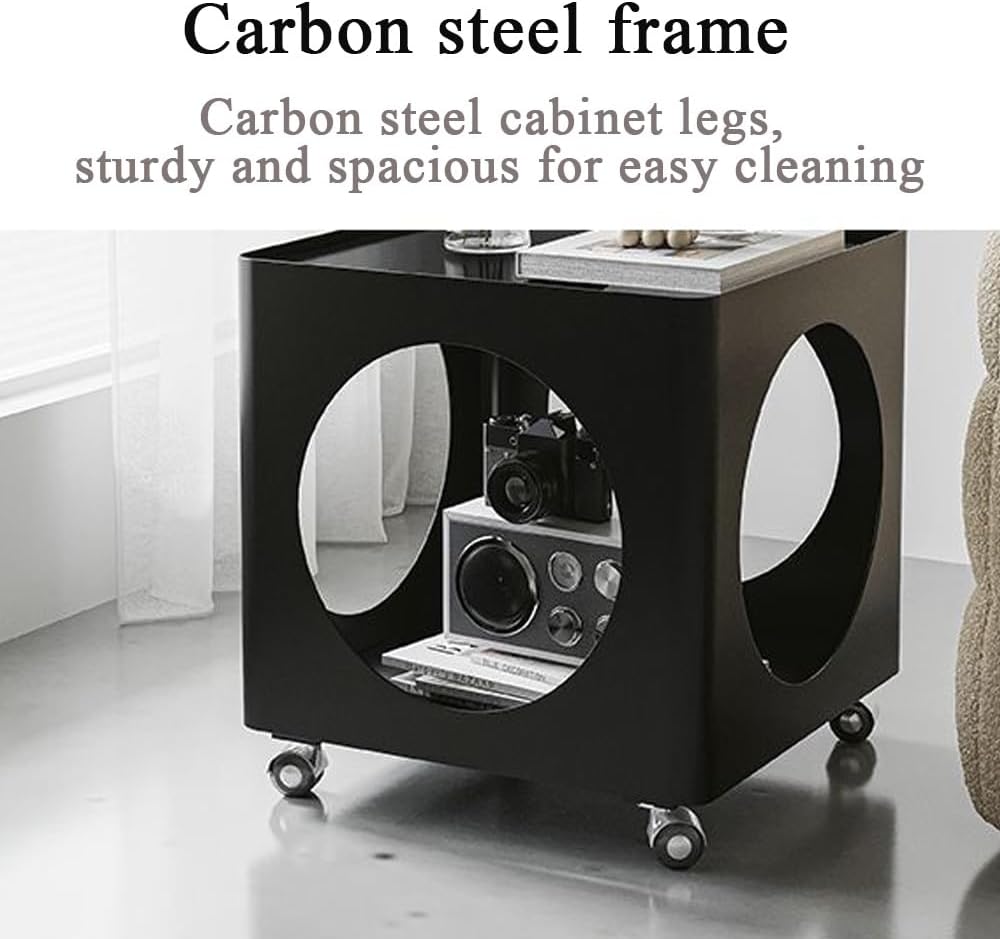 Rolling Side Table with Storage, Metal Frame Square Coffee Table, Mobile Nigh...