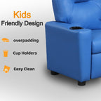 Kids Recliner Chair w/ Cup Holder, Toddler Recliner Chair Ages 1-4, 2-in-1 PU Leather Single Sofa for Boys/Girls, Kids Lazy Boy Chairs, Upholstered Armchair, Adjustable Backrest & Footrest (Blue-NEW)