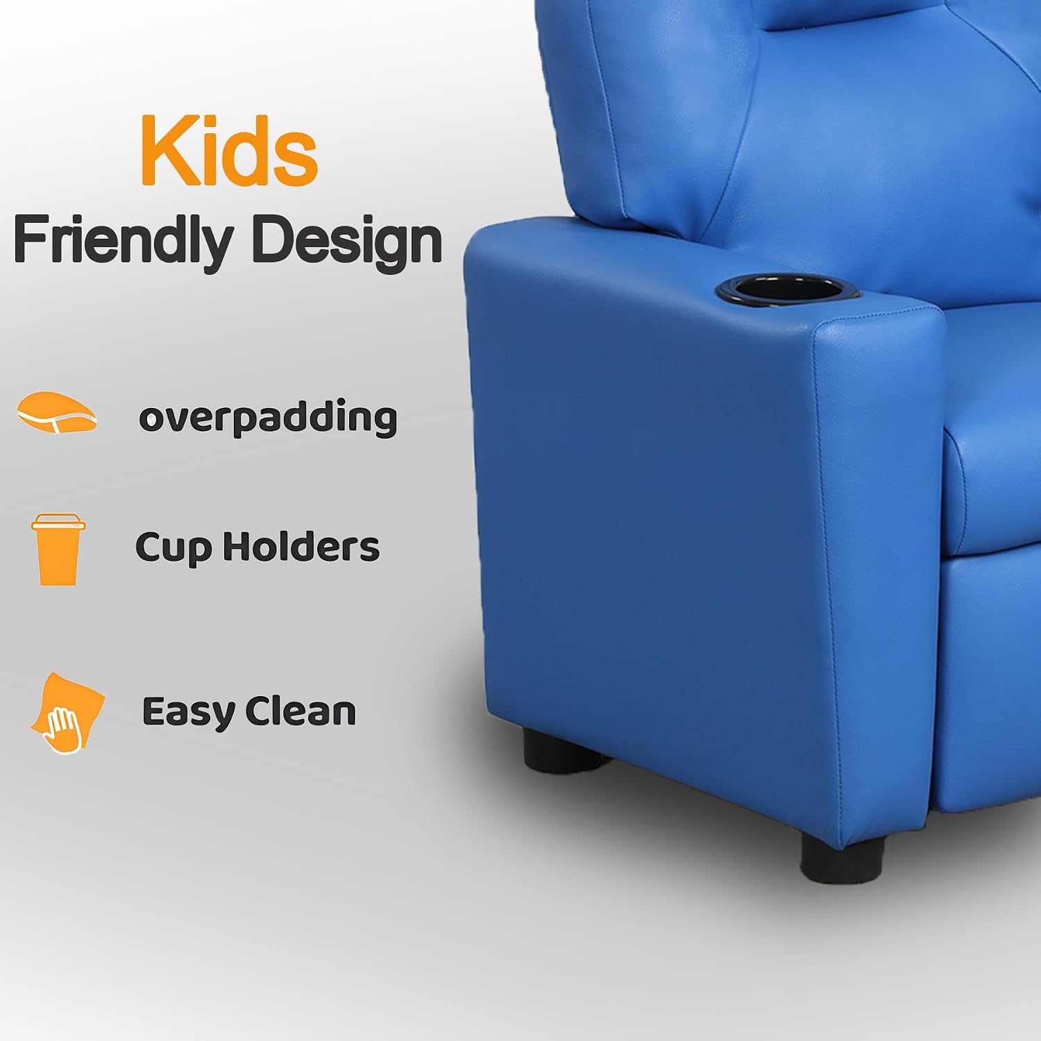 Kids Recliner Chair w/ Cup Holder, Toddler Recliner Chair Ages 1-4, 2-in-1 PU Leather Single Sofa for Boys/Girls, Kids Lazy Boy Chairs, Upholstered Armchair, Adjustable Backrest & Footrest (Blue-NEW)