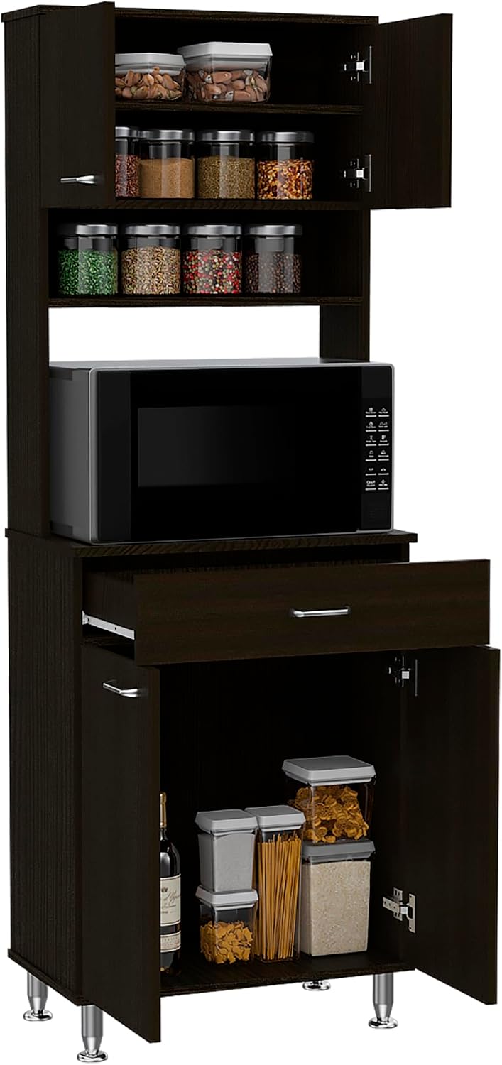 Della 60 Kitchen Pantry with Countertop, Closed & Open Storage -Black