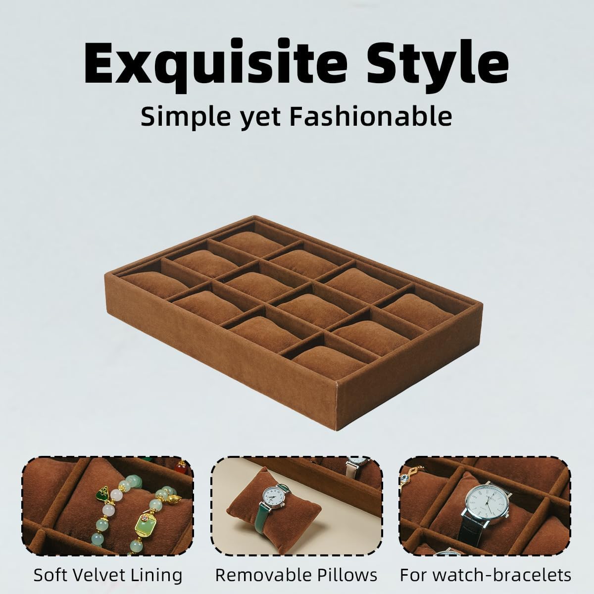 Jewelry Watch Tray, Coffee Velvet Watch Jewelry Organizer 12 Grid, Stackable Watch Bracelet Bangle Display Holder, Adjustable Pillows, for Man Woman Show Birthday