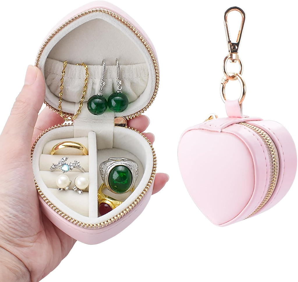 Heart Shape Ring Holder Keychain, Mini Travel Jewelry Case for Wedding Ring, Sports & Vacation, Portable Zipper Clutch Organizer for Earrings Necklace, Premium Gift for Women Girls (Pink)