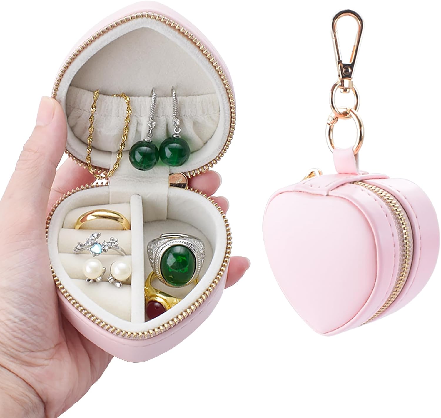 Heart Shape Ring Holder Keychain, Mini Travel Jewelry Case for Wedding Ring, Sports & Vacation, Portable Zipper Clutch Organizer for Earrings Necklace, Premium Gift for Women Girls (Pink)