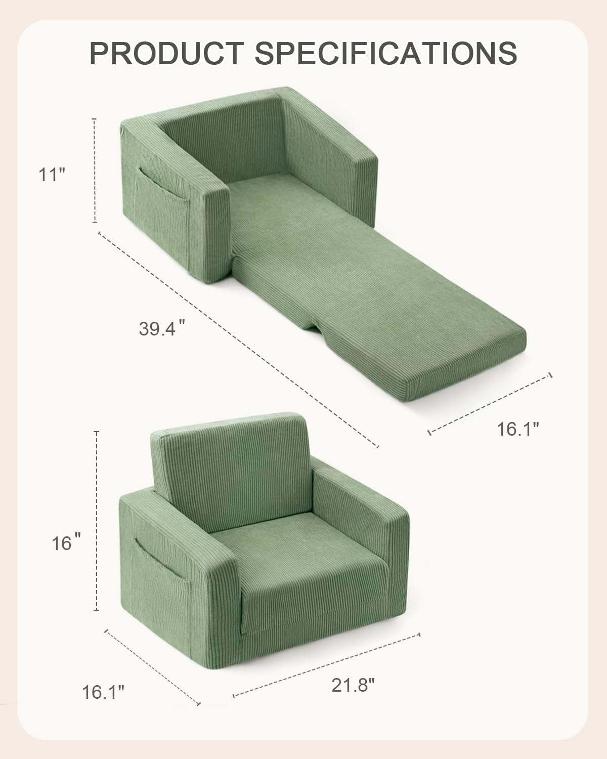 2-in-1 Kids Chair and Couch, Cozy Corduroy Kids Sofa, Green | Fold-Out Kids Couch, Boys and Girls, Bedroom & Playroom, Reading and Playing, Lightweight, Removable Washable Cover