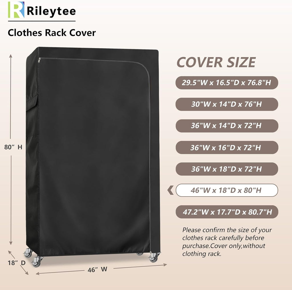 Rileytee Garment Rack Cover,600D Heavy Duty Waterproof Clothing Rack Cover,Clothes Rack Cover with Zipper for Metal Garment Rack(Black,46"W x 18"D x 80"H,Cover Only）