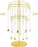 MODOWEY Rotating Necklace Holder Organizer Display Stand with 42 Hooks, 2 Tier Adjustable Metal Tree for Long Necklace Hanger Selling, Tall Spinning Bracelet Storage Rack for Men Women, Gold