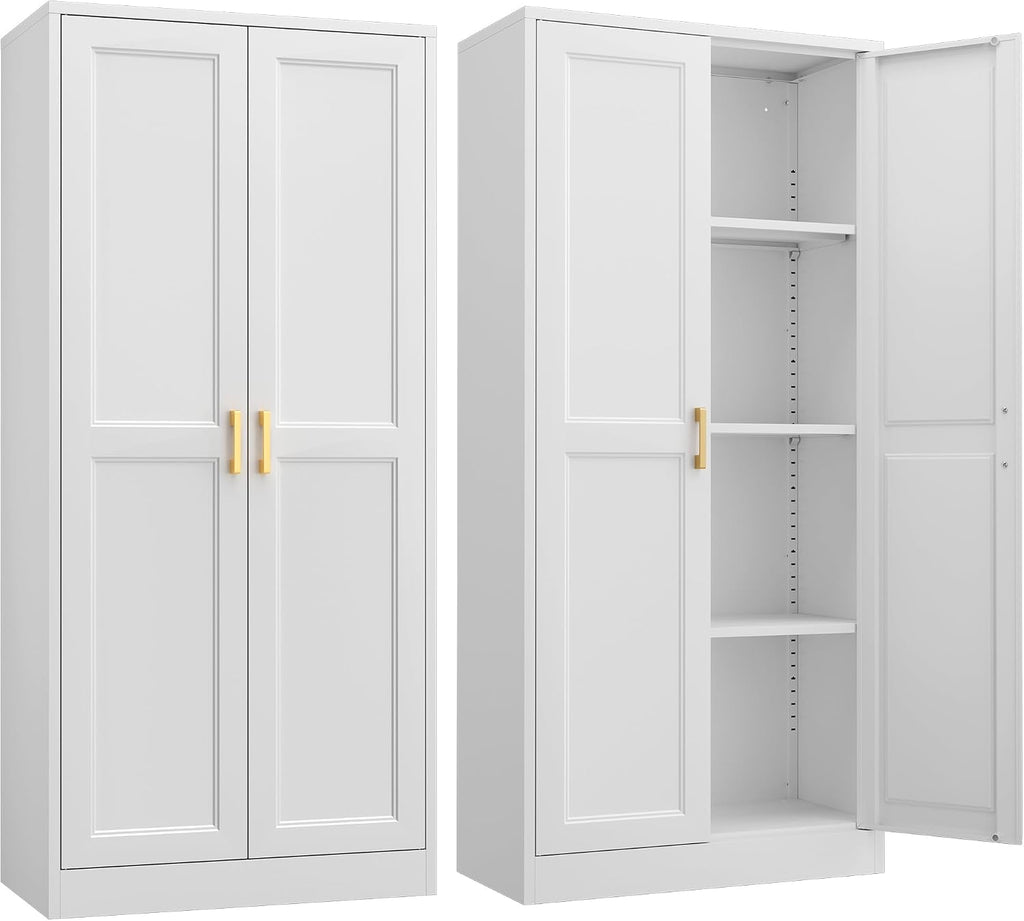 Steeloong 60"Metal Pantry Storage Cabinet with Doors & 3 Adjustable Shelves | Kitchen Pantry Cabinet,White Kitchen Cabinet with 2 Gold Handles,Tall Cabinet for Livingroom,Pantry, Bathroom,Kitchen