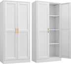 Steeloong 60"Metal Pantry Storage Cabinet with Doors & 3 Adjustable Shelves | Kitchen Pantry Cabinet,White Kitchen Cabinet with 2 Gold Handles,Tall Cabinet for Livingroom,Pantry, Bathroom,Kitchen