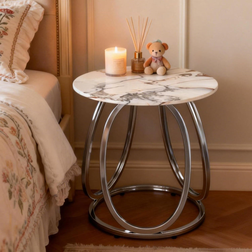 O&K FURNITURE Silver Side Table Living Room, Round End Table with Metal F...