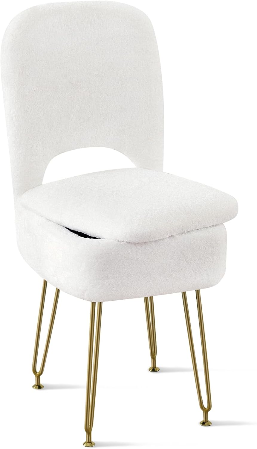BRIAN & DANY Vanity Chair with Storage and Folding Back, Faux Fur Square ...