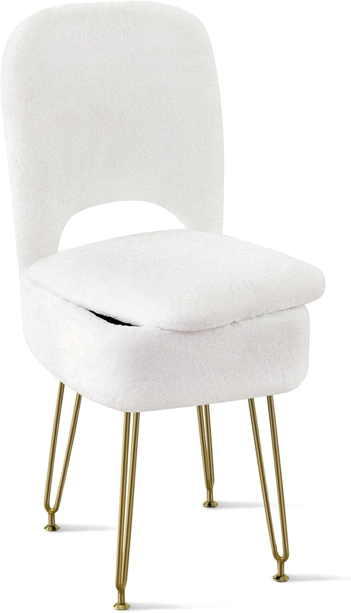 BRIAN & DANY Vanity Chair with Storage and Folding Back, Faux Fur Square Storage Chair, Vanity Stool Chair with 4 Metal Legs for Bedroom, Living Room and Makeup Stations, 13.4"x 15"x 30", White