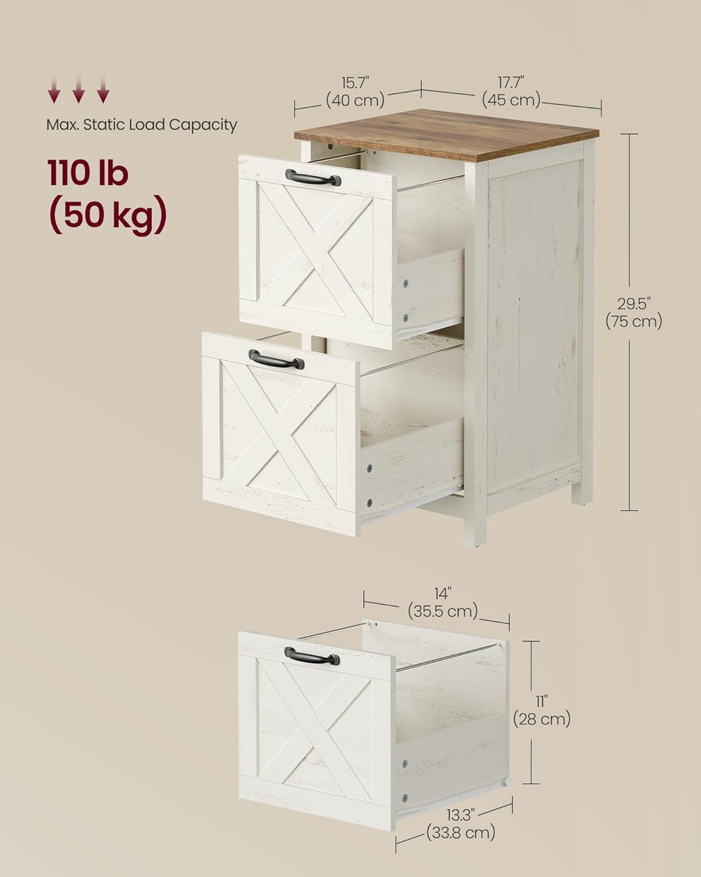 VASAGLE File Cabinet, 2-Drawer Filing Cabinet for Home Office, Modern Farmhou...