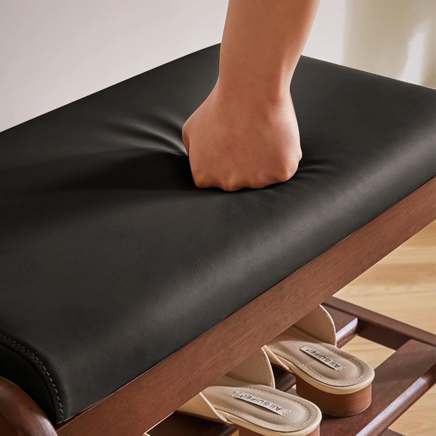 Wooden Shoe Storage Bench with Padded Top Cushion, Two-Tier Wooden Shoe Rack, Suitable for Bedrooms and Living Rooms, Black Walnut(39.4'')