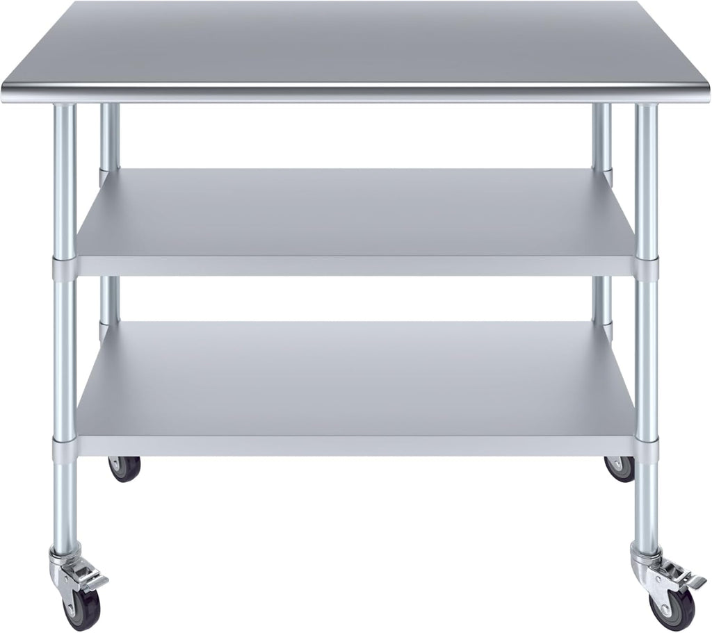 AmGood Stainless Steel Work Table with 2 Shelves and Casters | Metal Utility Table On Wheels (Stainless Steel Work Table with 2 Shelves + Casters, 48" Long x 24" Deep)