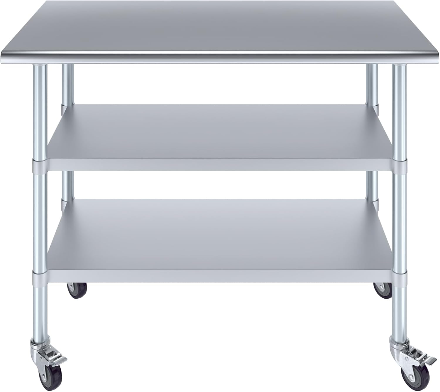 AmGood Stainless Steel Work Table with 2 Shelves and Casters | Metal Utility Table On Wheels (Stainless Steel Work Table with 2 Shelves + Casters, 48" Long x 24" Deep)