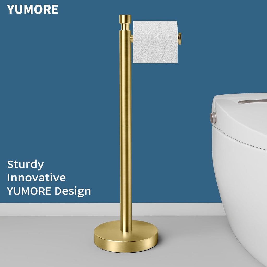 YUMORE Toilet Paper Holder Stand Freestanding, Weighted and Sturdy Stainless Steel Design with Non-Slip Cap, Gold Rustproof Tissue Roll Holder for Modern Bathroom, RV