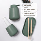 INGOFIN 3 Pcs Ceramic Bathroom Accessory Set - Liquid Soap Dispenser, Toothbrush Holder & Tray, Bathroom Counter Set, Countertop Essentials for Home, Guest Bathroom, or Office Use, Matte Green