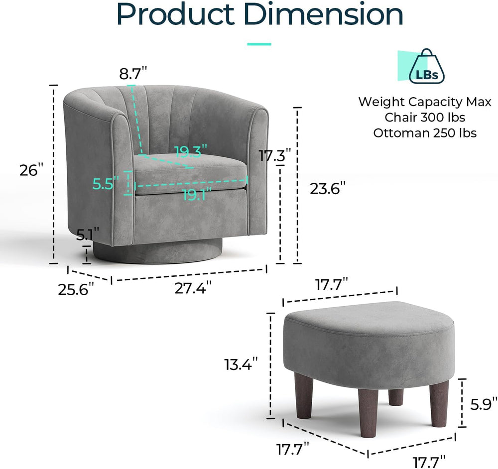 LINSY Swivel Accent Chair with Ottoman: Small Velvet Barrel Chair 360 Swivel ...