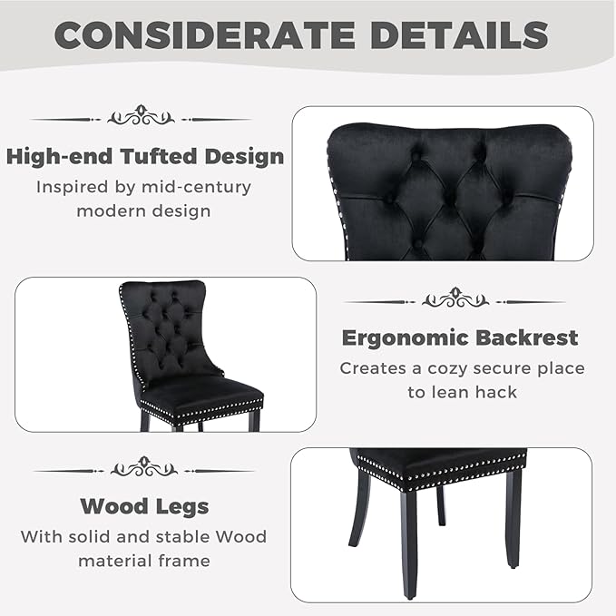 51 Inch Glass Dining Table Set for 4, Rectangular Glass Kitchen Table with 4 Upholstered Velvet Accent Chairs, 5 Piece Modern Dining Room Set, for Home, Apartment, Small Spaces - Black Black