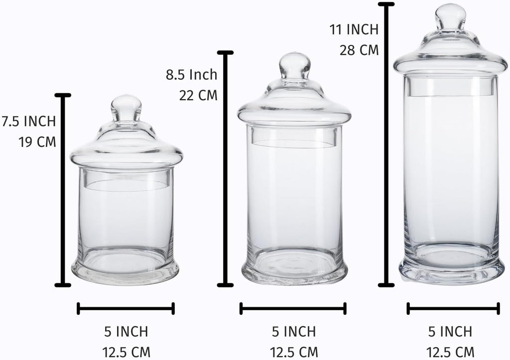 Set of 3 Glass Apothecary Jars with Lids, Clear Bathroom Storage Organizer Canister Set for Qtips, Cotton Swabs, Cotton Balls, Bath Salts (H: 11", 8.5", 7.5", D: 5"; 23 FL.OZ, 34 FL.OZ and 45 FL.OZ)