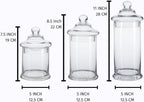 Set of 3 Glass Apothecary Jars with Lids, Clear Bathroom Storage Organizer Canister Set for Qtips, Cotton Swabs, Cotton Balls, Bath Salts (H: 11", 8.5", 7.5", D: 5"; 23 FL.OZ, 34 FL.OZ and 45 FL.OZ)