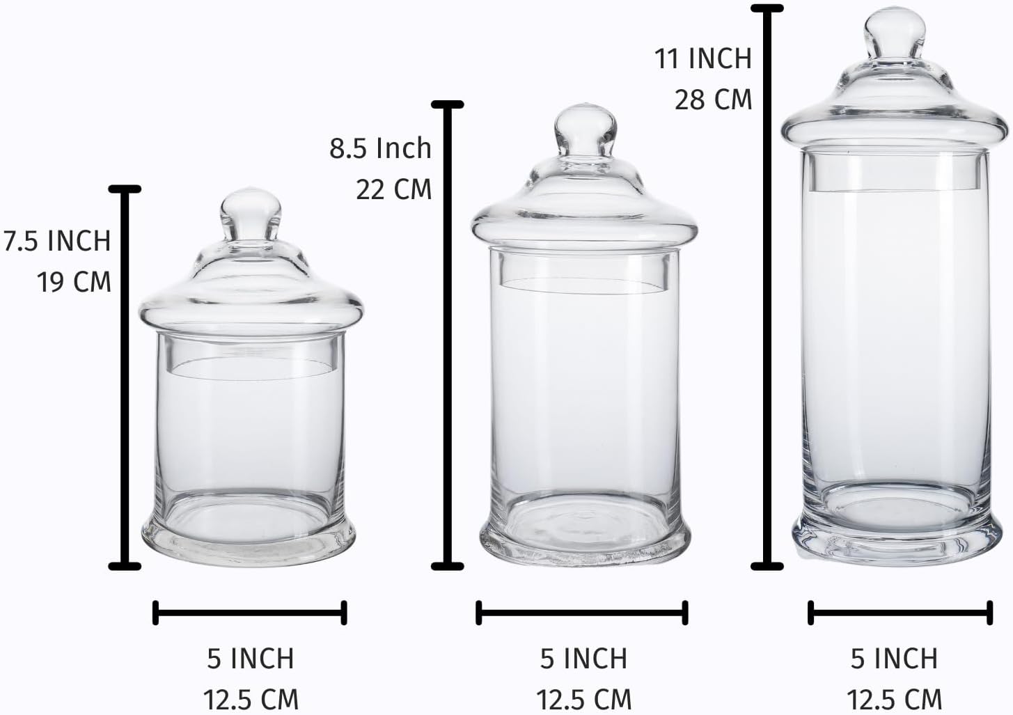 Set of 3 Glass Apothecary Jars with Lids, Clear Bathroom Storage Organizer Canister Set for Qtips, Cotton Swabs, Cotton Balls, Bath Salts (H: 11", 8.5", 7.5", D: 5"; 23 FL.OZ, 34 FL.OZ and 45 FL.OZ)