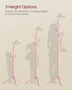 VASAGLE Solid Wood Coat Rack, Free Standing Tree-Shaped Coat Rack with 8 Hooks, 3 Height Options, for Clothes, Hats, Bags, Living Room, Bedroom, Home Office, Jelly Pink URCR004R01