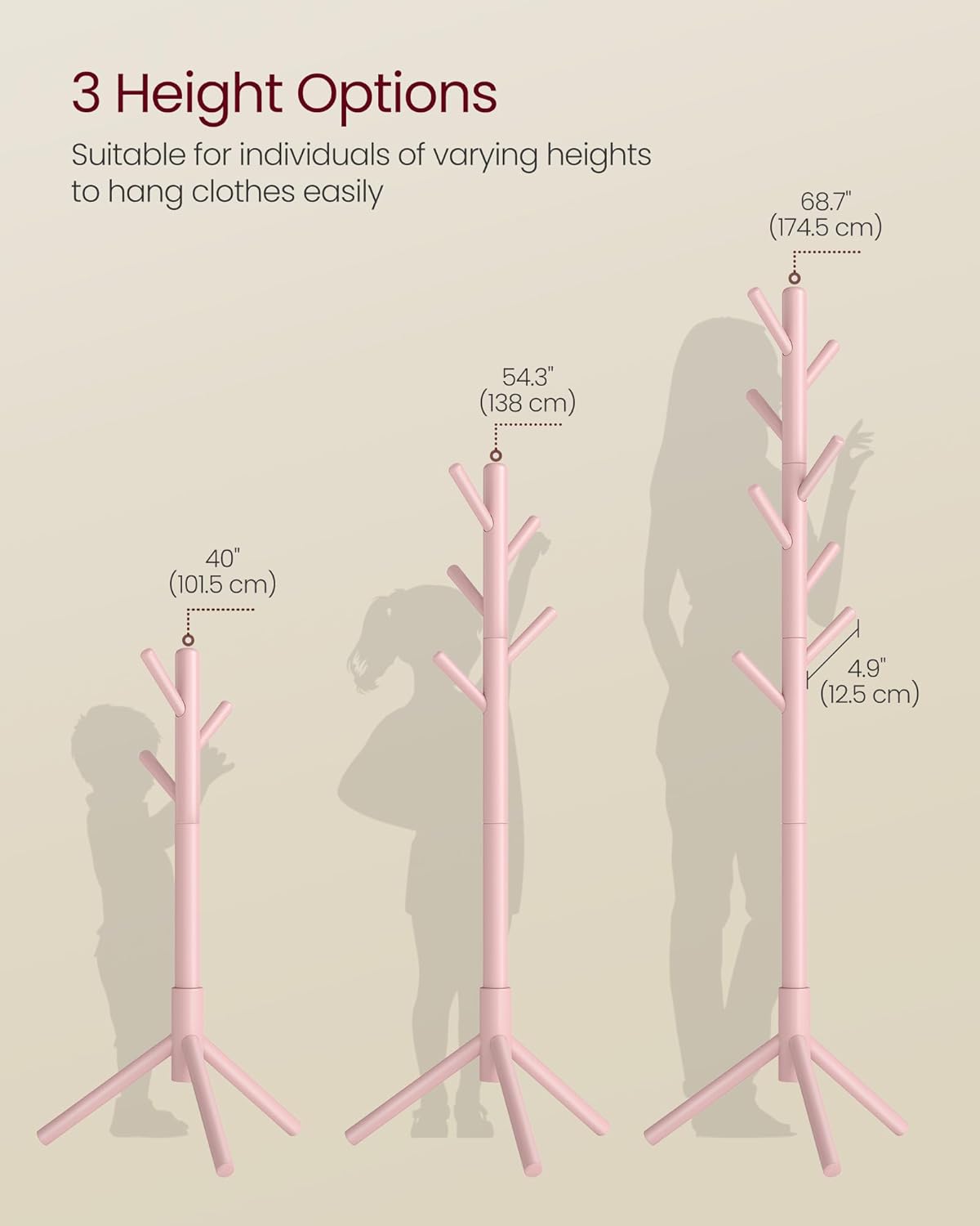 VASAGLE Solid Wood Coat Rack, Free Standing Tree-Shaped Coat Rack with 8 Hooks, 3 Height Options, for Clothes, Hats, Bags, Living Room, Bedroom, Home Office, Jelly Pink URCR004R01