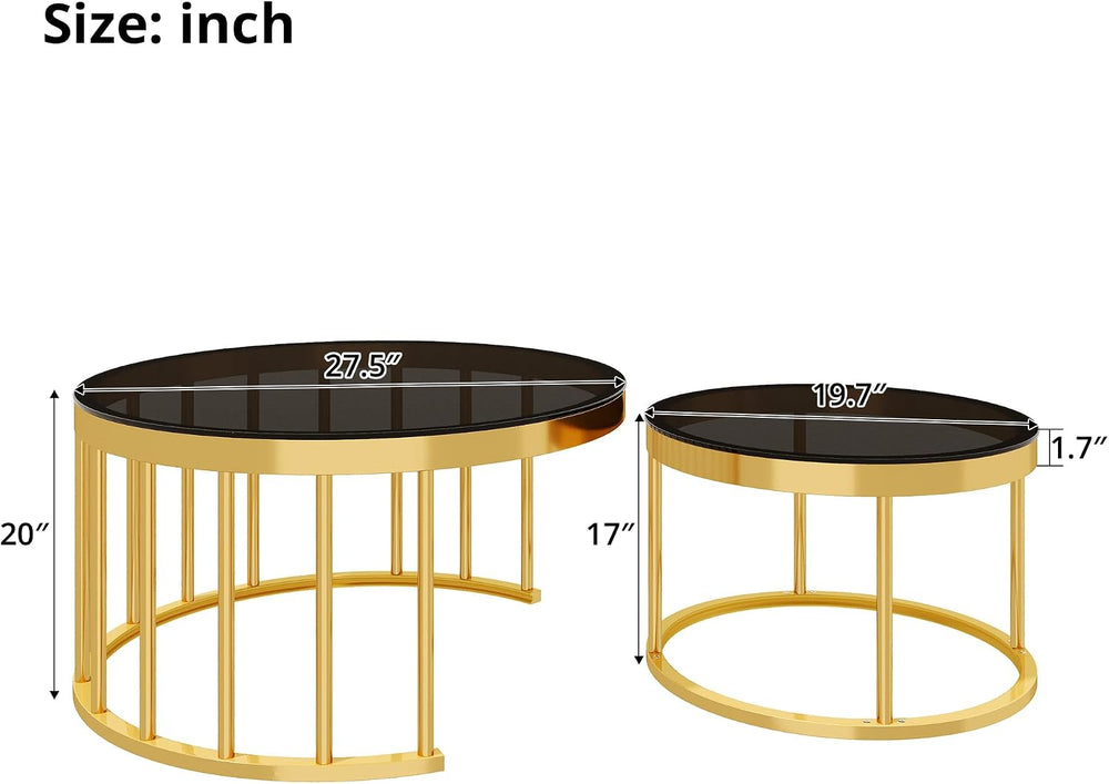 Round Nesting Coffee Table Set of 2 with Gold Frame & Mirrored Top, Black...