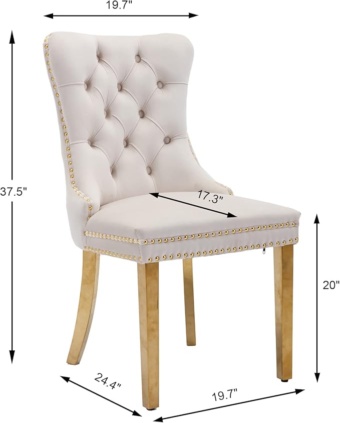 Beige Velvet Dining Chairs Set of 6, Upholstered Dining Room Chairs with Back Ring Pull Trim and Golden Stainless Steel Legs,Modern Kitchen Chairs for Dining Room,Living Room,Kitchen(Beige)