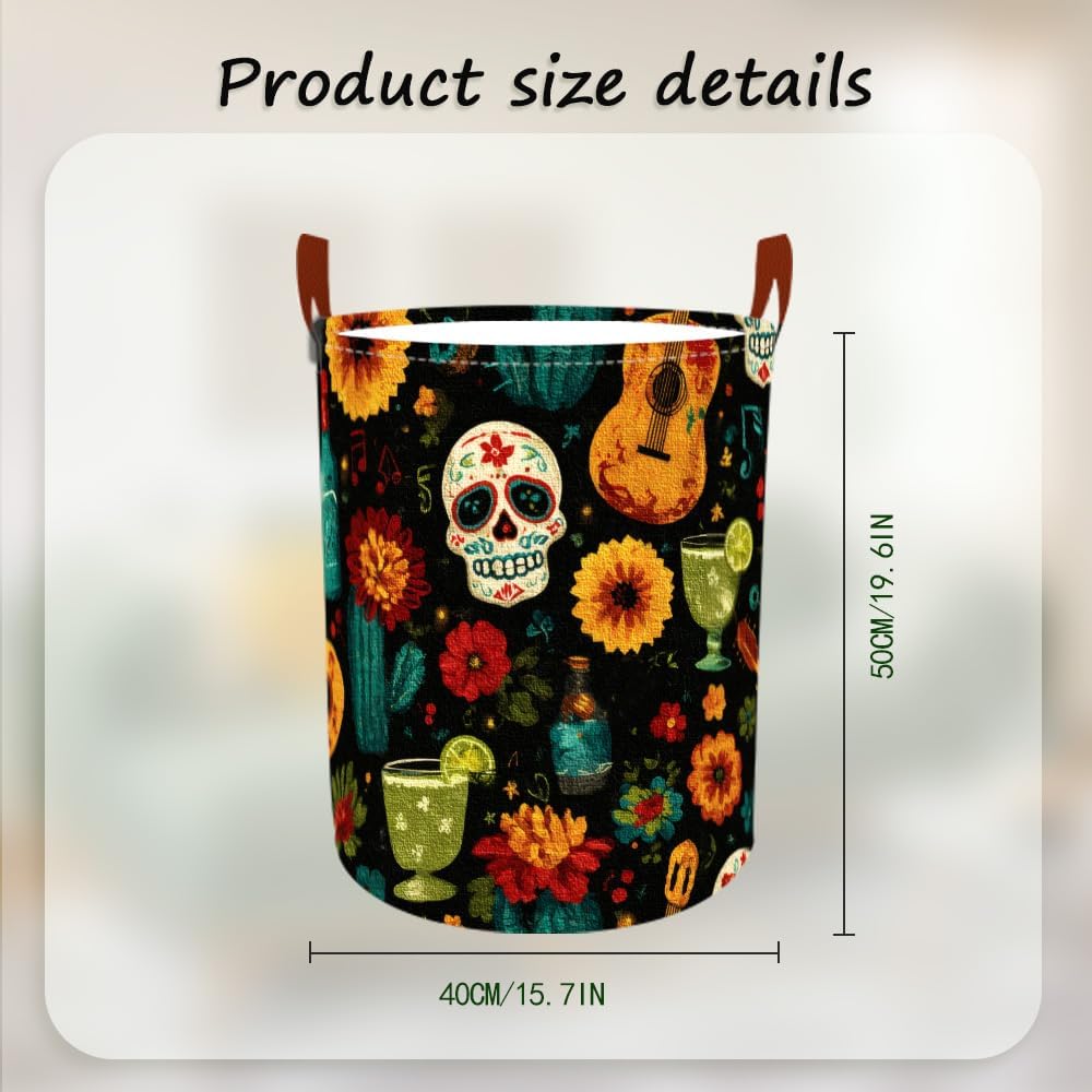 Laundry Baskets 15.7x19.7 Inch Day of the Dead Skull Guitar Cocktail Design Collapsible Laundry Hamper with Handles Oxford Fabric Clothes Storage Bin Foldable Dirty Clothes for Bedroom Bathroom