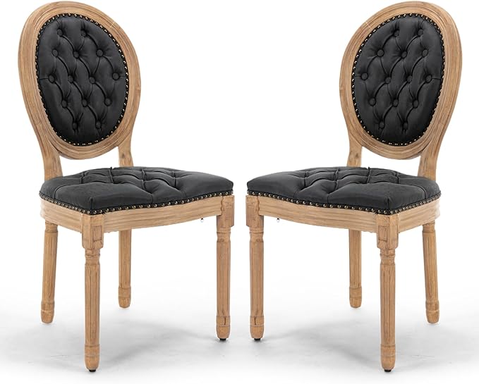PU Leather Upholstered Dining Chairs Set of 2 French Country Round Back Kitchen Side Chairs with Nailhead Trim and Wood Legs for Dining Room, Kitchen, Restaurant(Black)